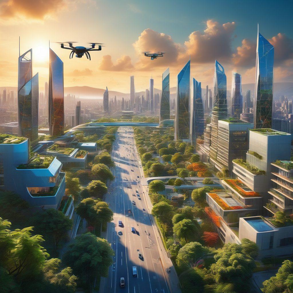 A futuristic city skyline showcasing breathtaking architecture inspired by innovative engineering, with a prominent blueprint overlay. Drones and autonomous vehicles in motion, people interacting with technology, and greenery integrated into buildings. The sky is bright with the sun shining, symbolizing hope and progress. The scene conveys a seamless blend of nature and urban life, highlighting sustainable engineering advancements. super-realistic. vibrant colors. 3D.