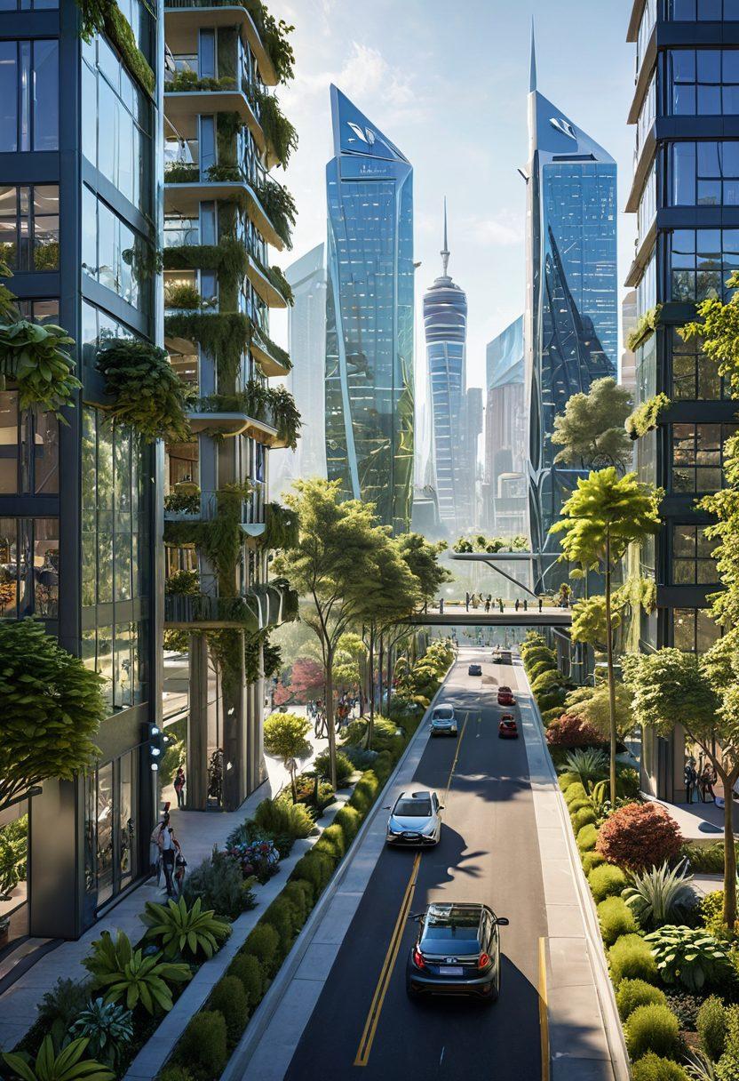 A futuristic city skyline showcasing advanced green infrastructure, featuring solar panels, wind turbines, and vertical gardens integrated into modern buildings. The scene is bathed in warm sunlight, with people using electric vehicles and bicycles on tree-lined streets. Vibrant colors enhance the liveliness and optimism of sustainable living. super-realistic. vibrant colors. 3D.