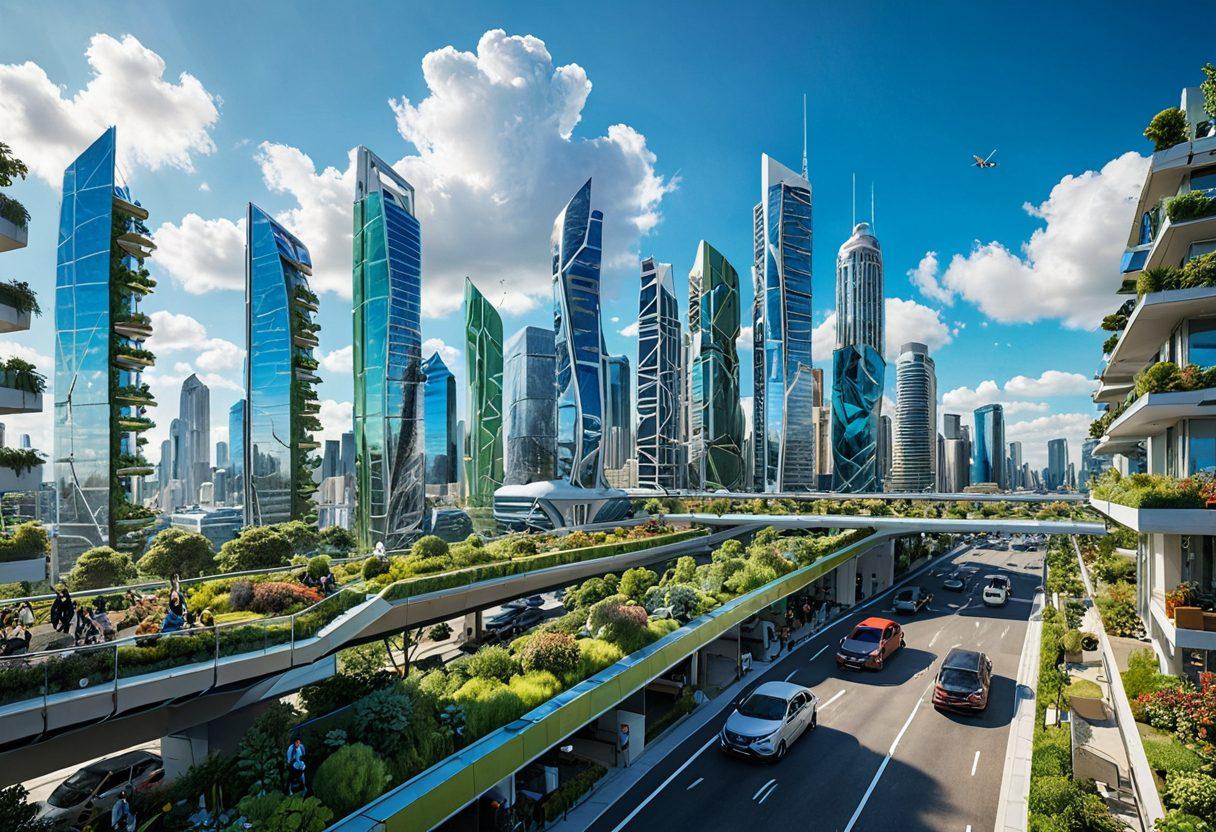 A futuristic city skyline showcasing innovative infrastructure, including green skyscrapers, solar panel rooftops, and lush vertical gardens. Interconnected transportation systems with electric vehicles and drones in motion. Clear blue sky with fluffy clouds, symbolizing a sustainable future. People of diverse backgrounds engaging in community activities throughout the urban landscape. vibrant colors. super-realistic. high-detail.